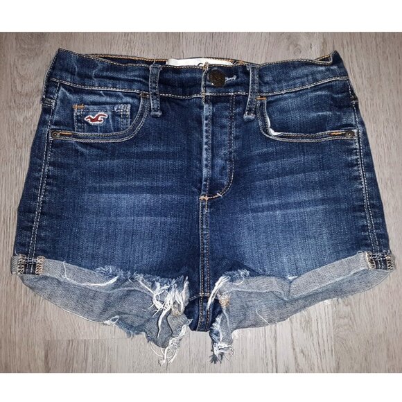 Hollister SoCal Stretch Jean Shorts Size 1 W25 Distressed Dark Denim Button Fly - Picture 1 of 4